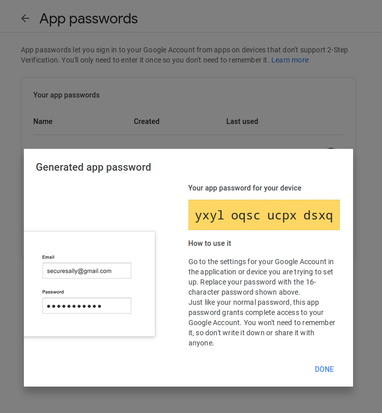 Gmail app password screen showing the newly generated app password