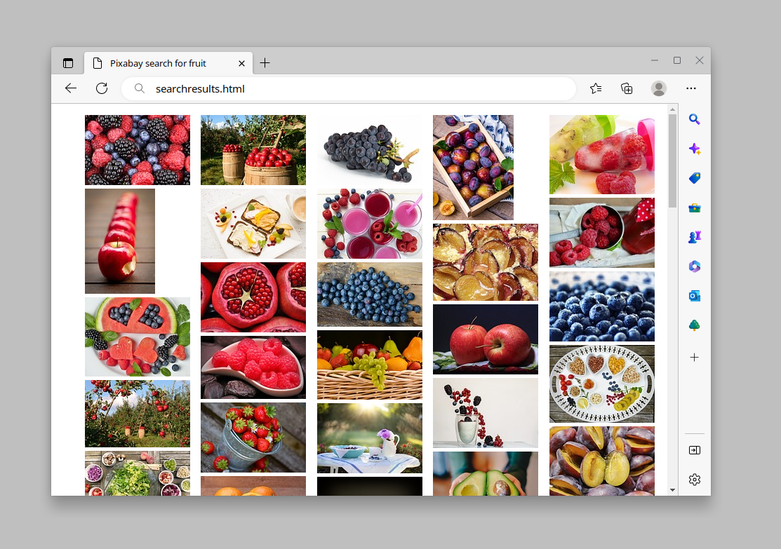 The search results page, showing many fruits